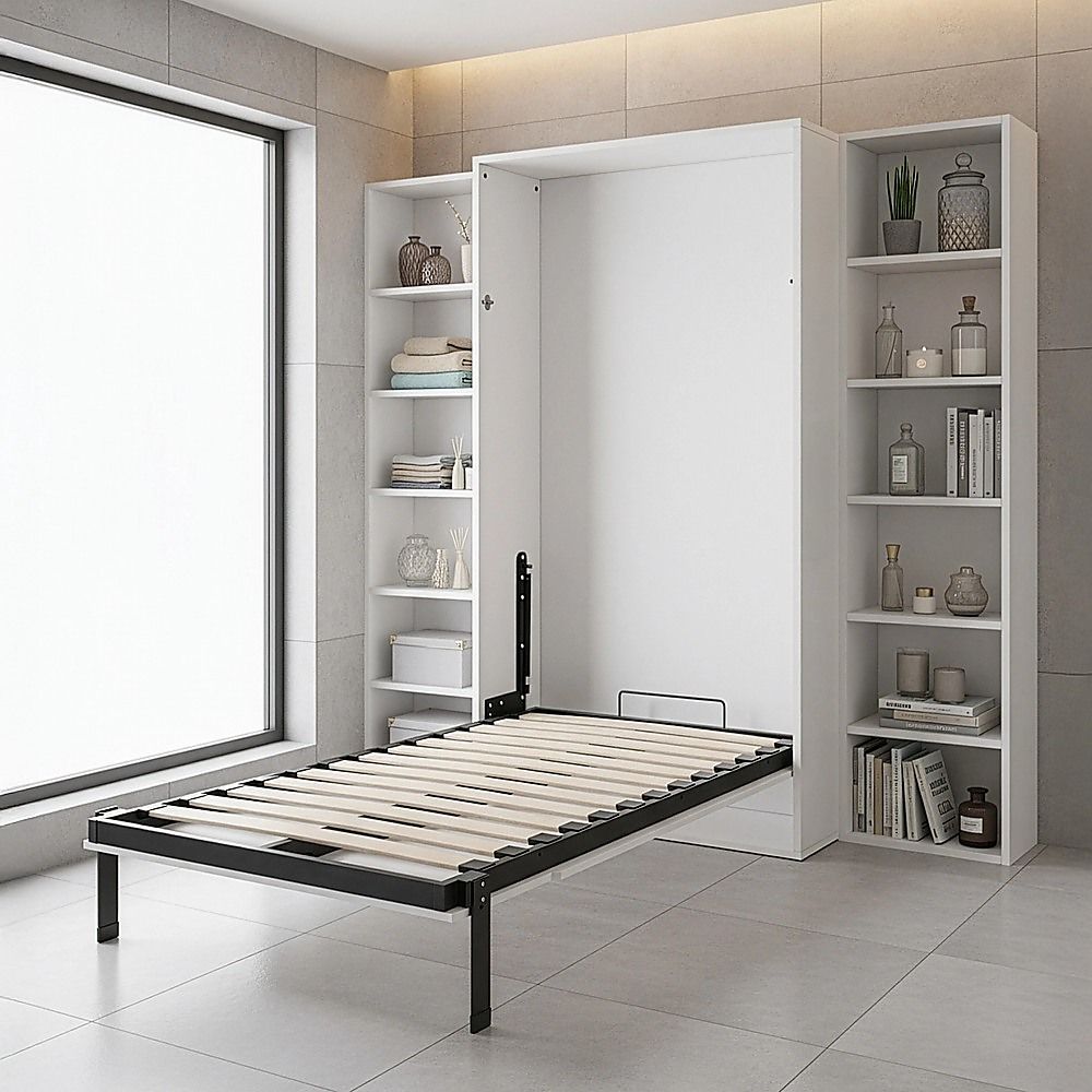 Single Wall Bed in White – Space Saving Murphy Bed Kit with Silver Door Handle