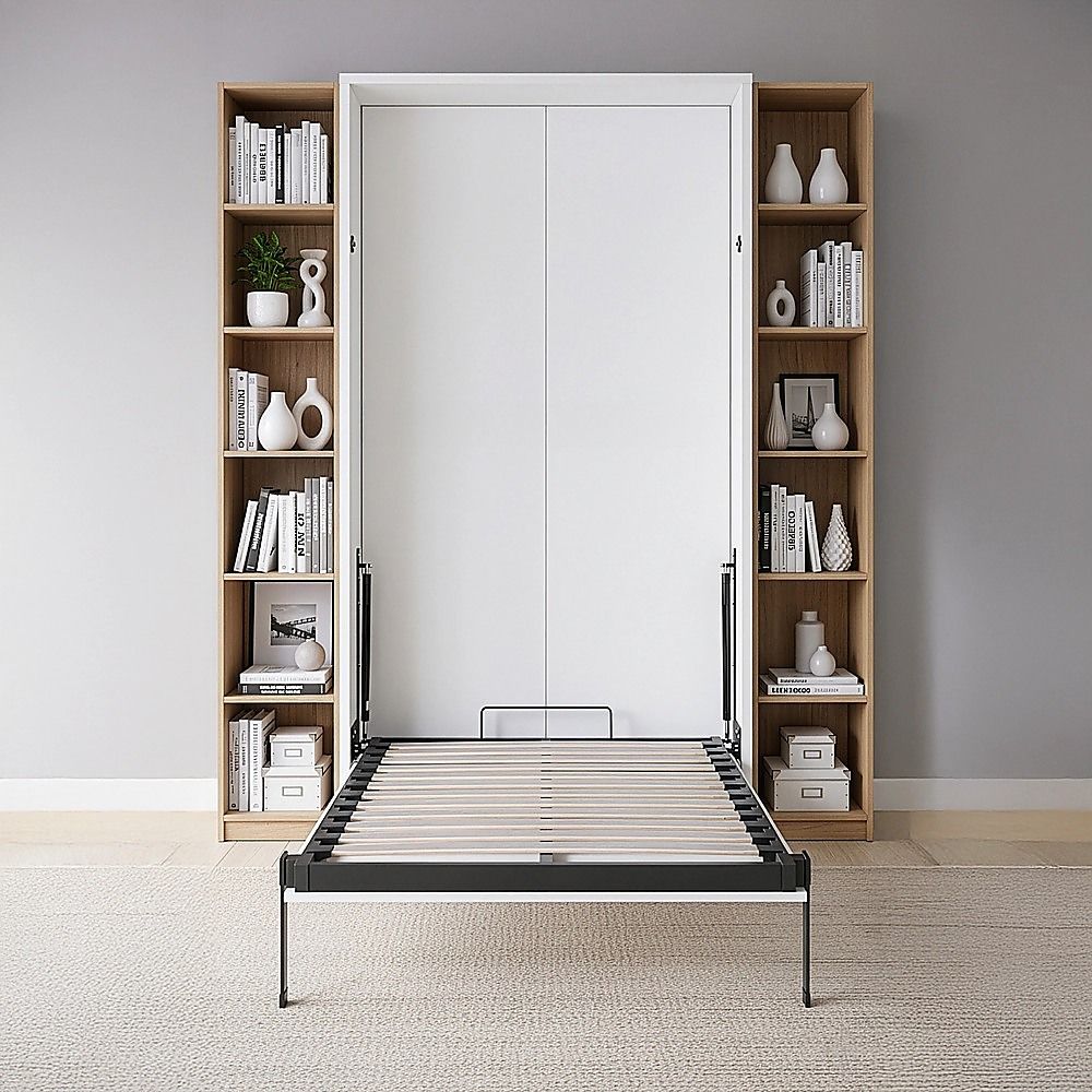 Single Wall Bed in White – Space Saving Murphy Bed Kit with Silver Door Handle