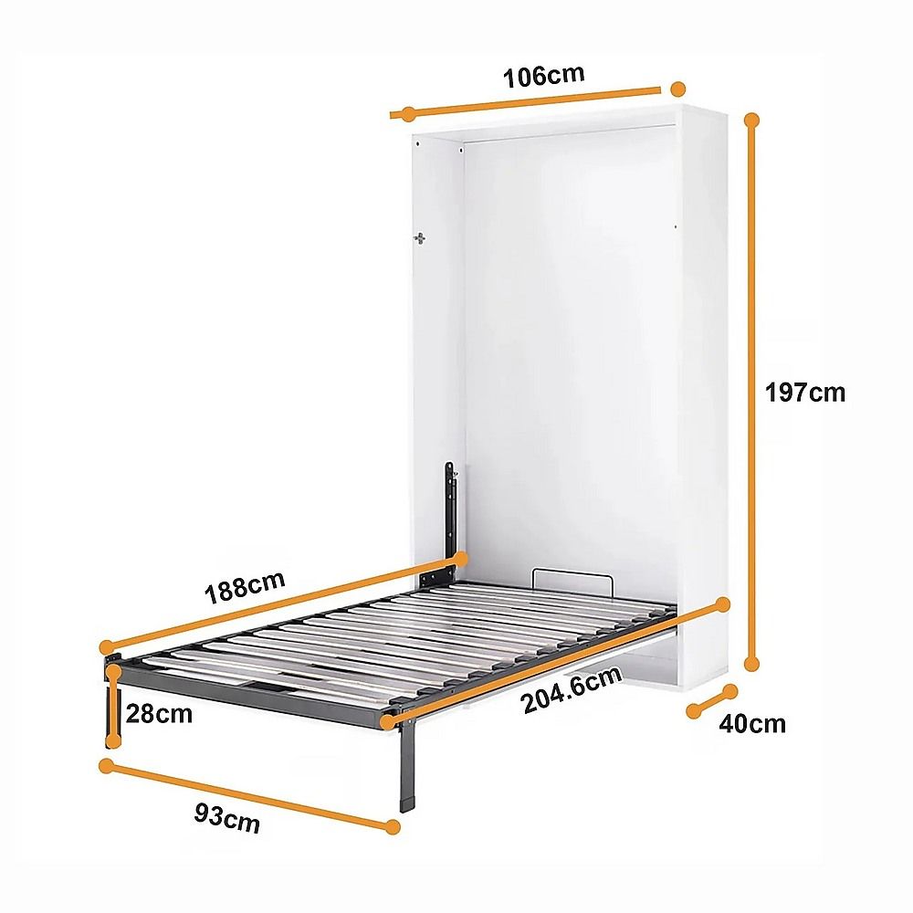 Single Wall Bed in White – Space Saving Murphy Bed Kit with Silver Door Handle