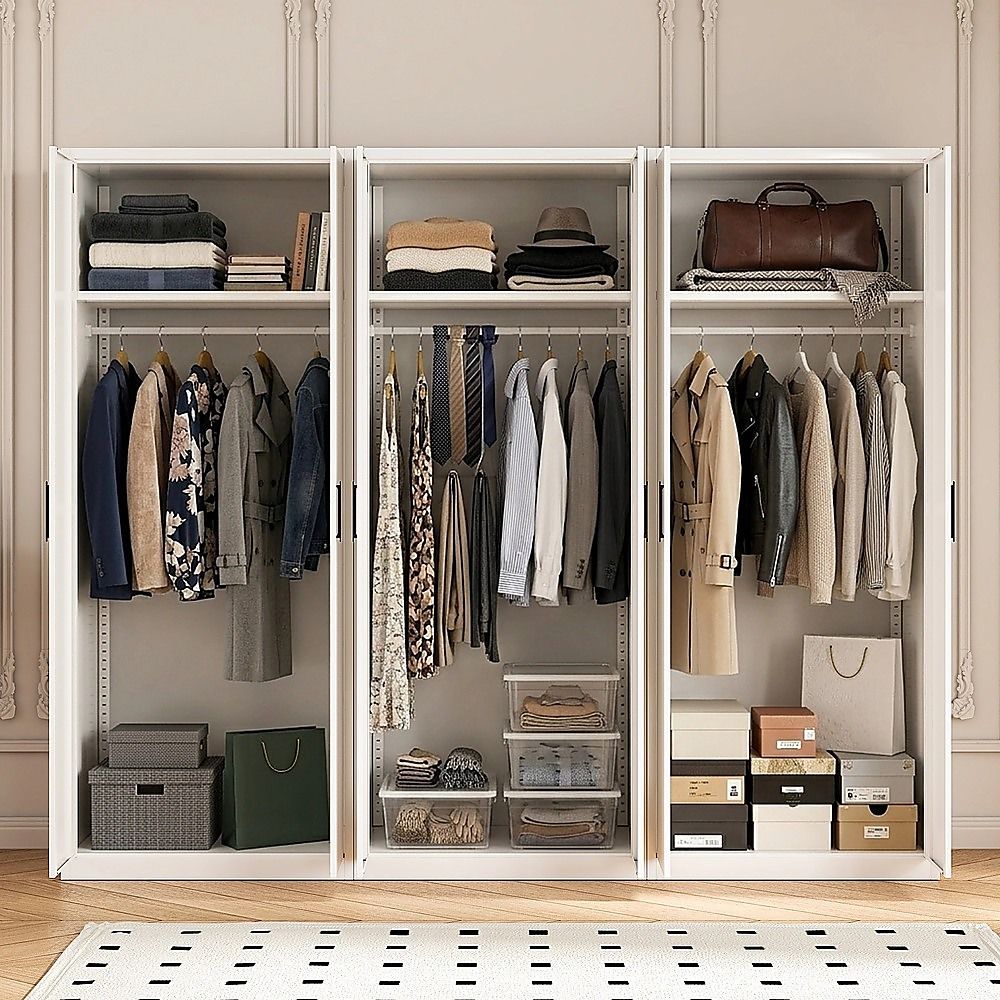 240x200cm 6-Door White Steel Hanging Wardrobe with Black Handle Storage Cabinet