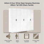 240x200cm 6-Door White Steel Hanging Wardrobe with Black Handle Storage Cabinet