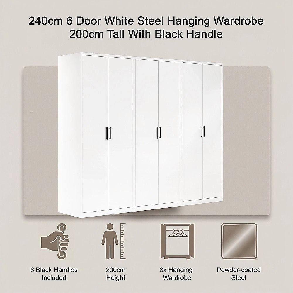 240x200cm 6-Door White Steel Hanging Wardrobe with Black Handle Storage Cabinet