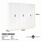 240x200cm 6-Door White Steel Hanging Wardrobe with Black Handle Storage Cabinet