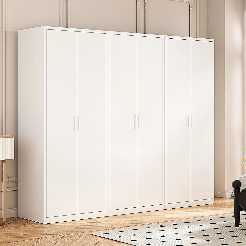 240x200cm 6-Door White Steel Hanging Wardrobe with White Handle Storage Cabinet
