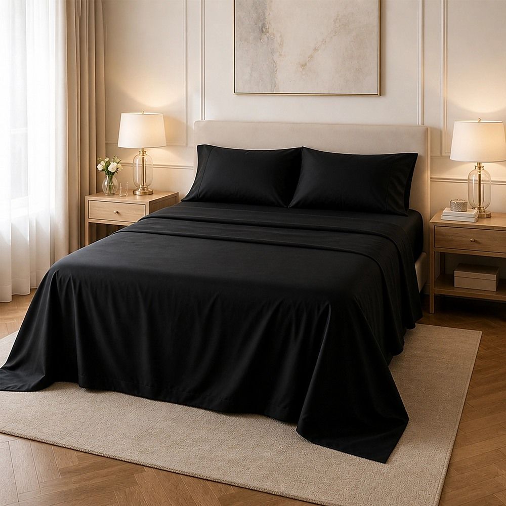 Microfiber Sheet Set 4 Piece Queen Black Deep Pocket Bed Sheets Soft Breathable Easy Care Bedding