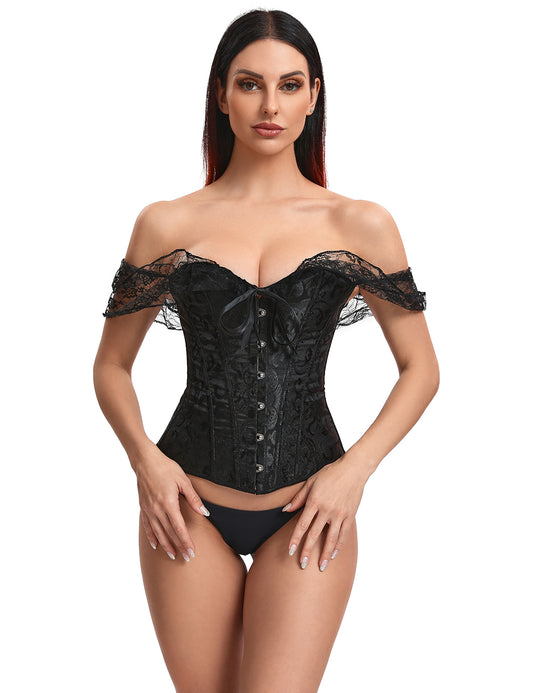 Elegant Black Off-Shoulder Lace Victorian Corset With Panties by My Secret Drawer ® - XL