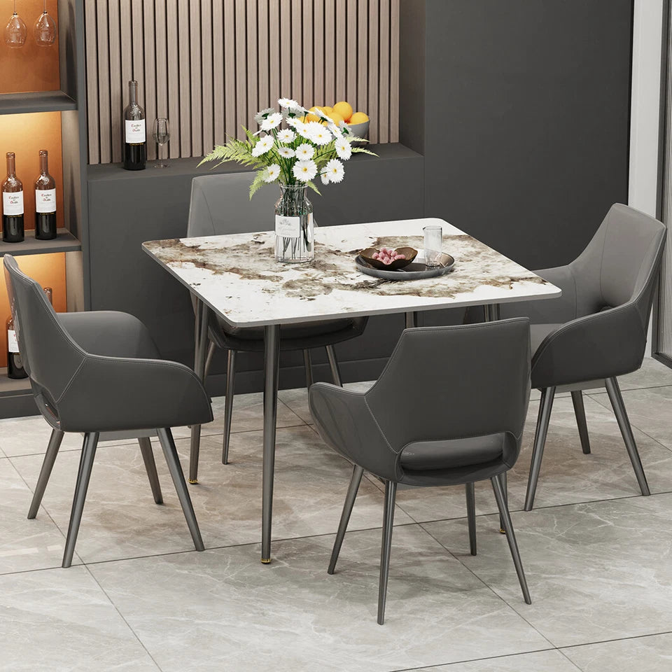 Glossy White Sintered Stone Dining Table With Black Metal Base Frame