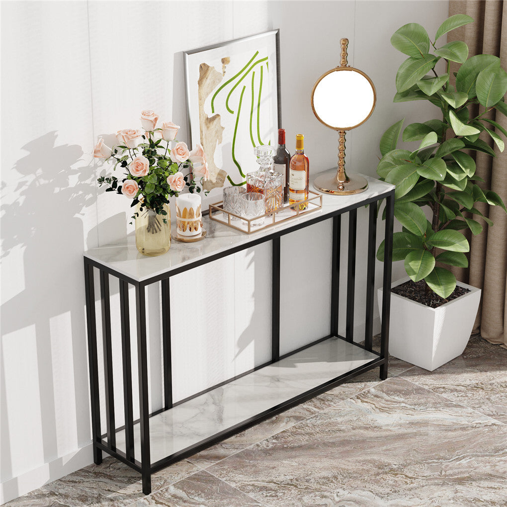 2-Tier White Marble Entryway Console Table Extra Long Foyer Couch Table