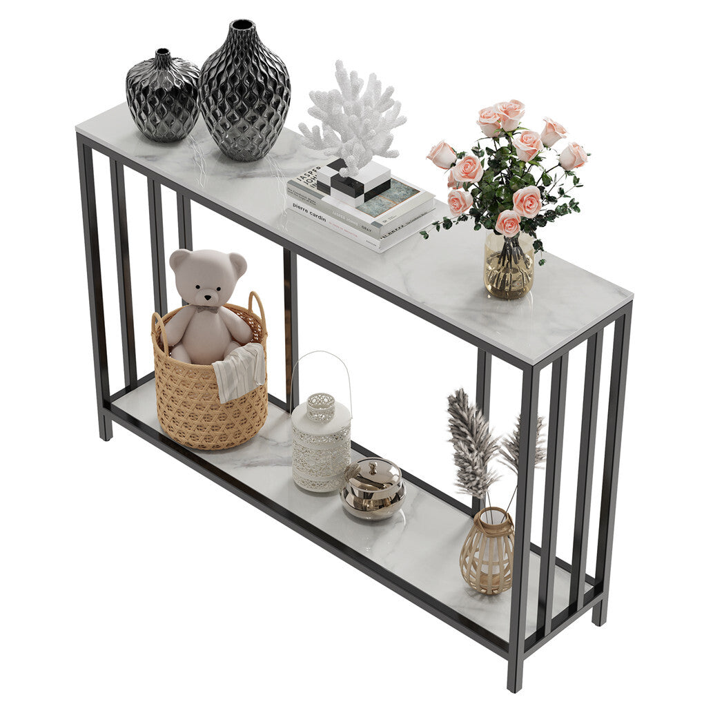 2-Tier White Marble Entryway Console Table Extra Long Foyer Couch Table