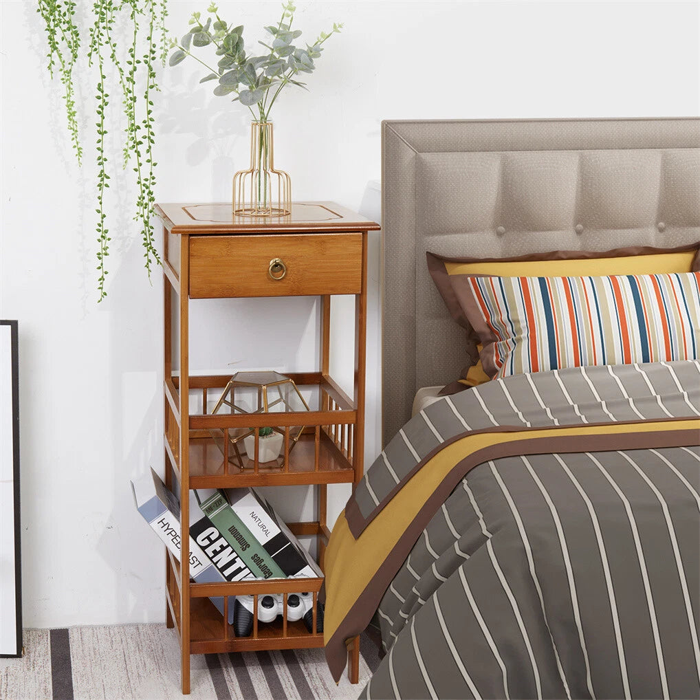 P&P Bamboo Bedside Table Nightstand Smooth Storage Side End Table with Drawers for Small Spaces