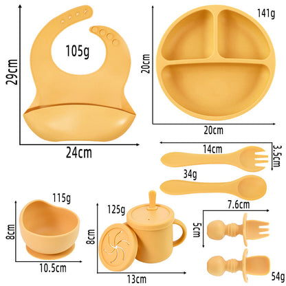 Beige 8-Piece Silicone Children's Tableware Set - BPA-Free Baby Feeding Utensils with Wooden Fork and Spoon, Cup, Bowl, and Bibs