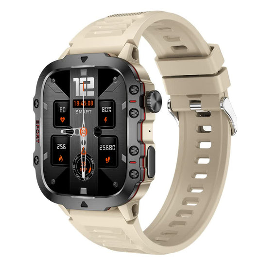 Beige Rugged Smart Fitness Watch - Waterproof, Multi-Sport Modes, and Health Tracking