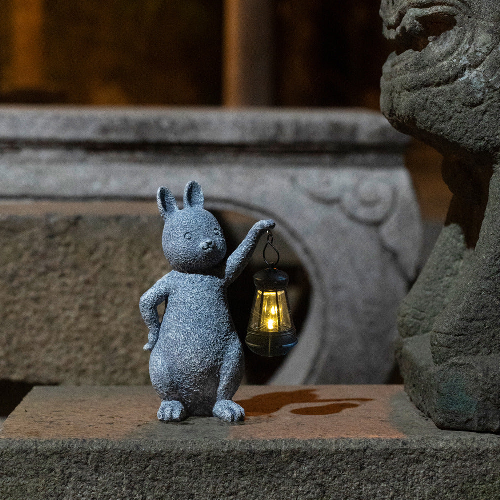 Green Solar-Powered Rabbit Statue with LED Lantern - Cute Garden & Lawn Decoration