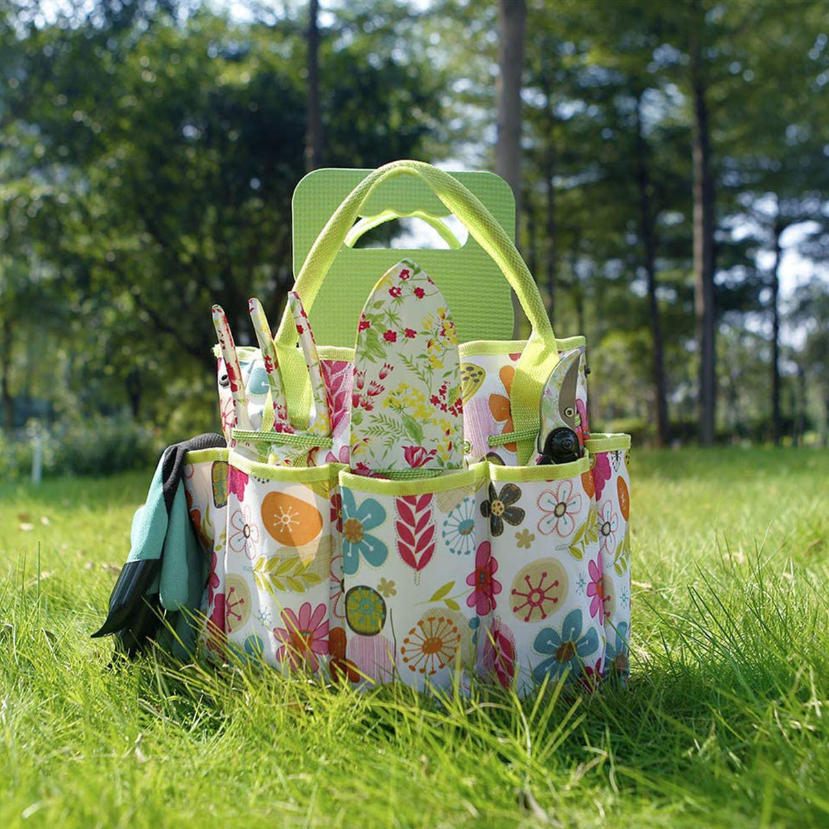 Green 9-Piece Floral Garden Tool Set for Women – Complete Gardening Kit with Tote Bag, Pruners, and Gloves