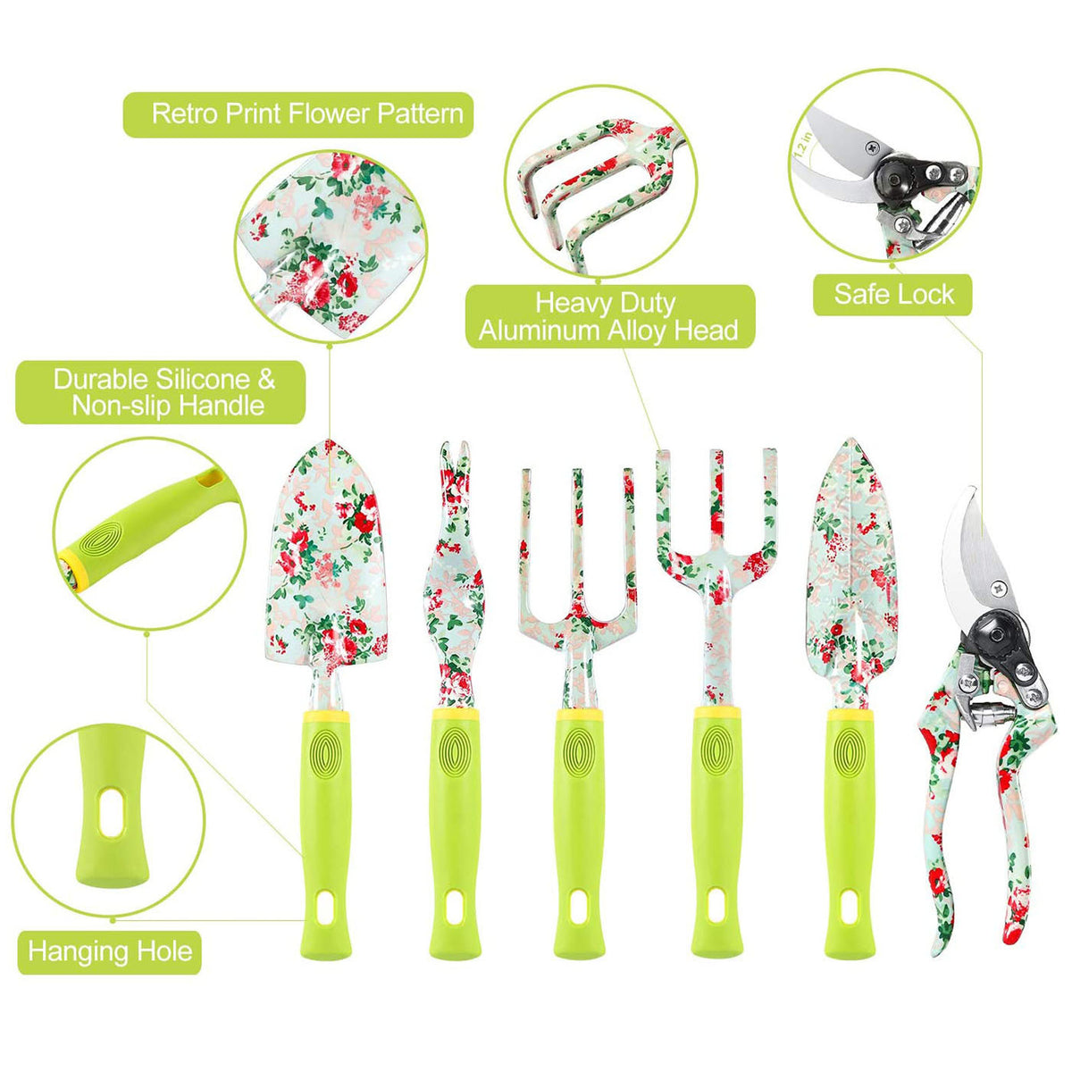 Green 9-Piece Floral Garden Tool Set for Women – Complete Gardening Kit with Tote Bag, Pruners, and Gloves