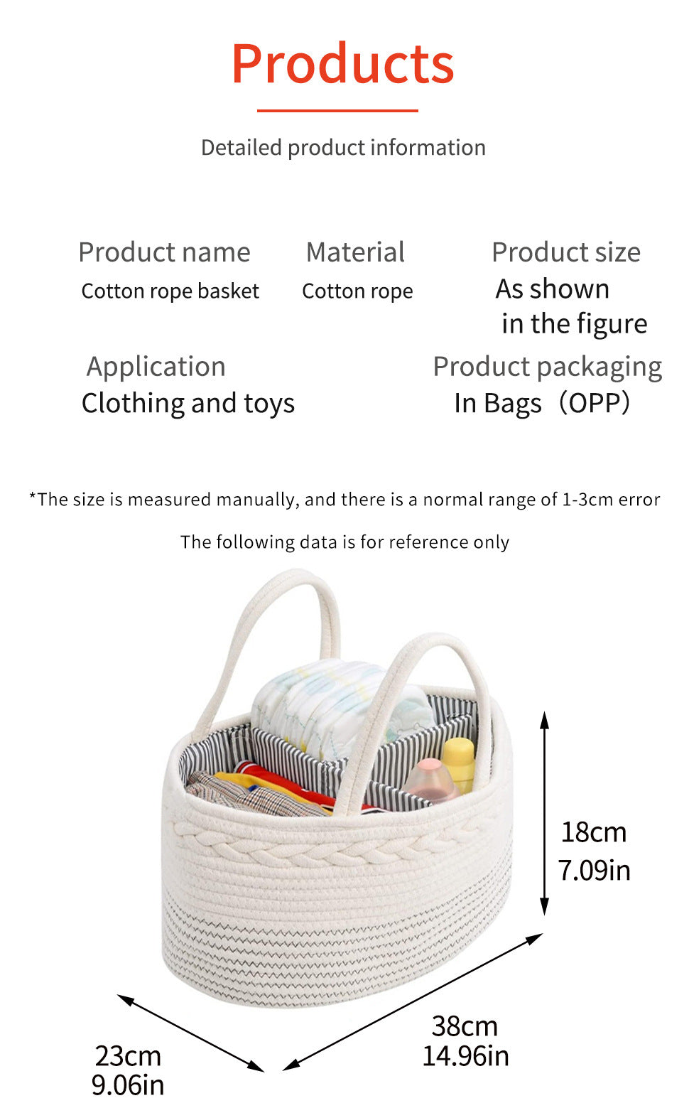 White Stylish Cotton Rope Basket for Clothing & Toys - Woven Storage Organizer, 38x23x18cm