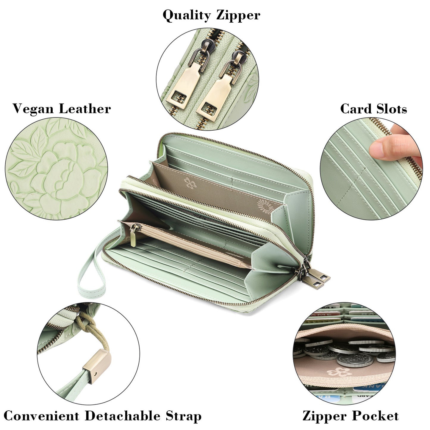 Women's Large Capacity Double Zip Wallet Clutch | PU Leather Floral Embossed Wristlet | Phone Holder with 24 Card Slots - Green
