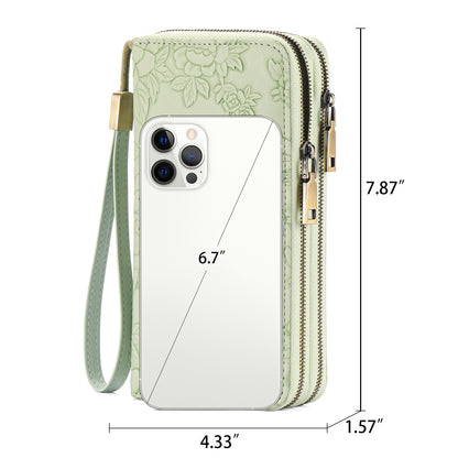 Women's Large Capacity Double Zip Wallet Clutch | PU Leather Floral Embossed Wristlet | Phone Holder with 24 Card Slots - Green