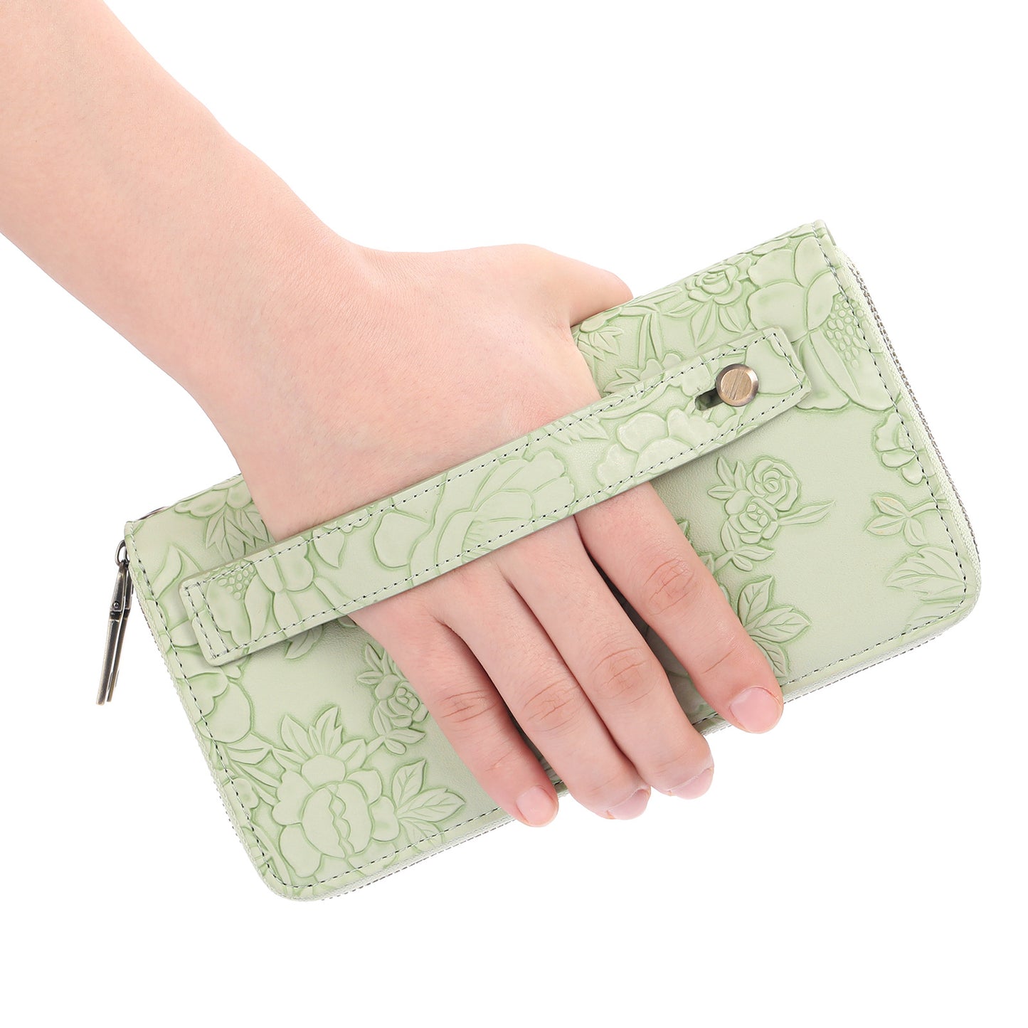 Women's Large Capacity Double Zip Wallet Clutch | PU Leather Floral Embossed Wristlet | Phone Holder with 24 Card Slots - Purple