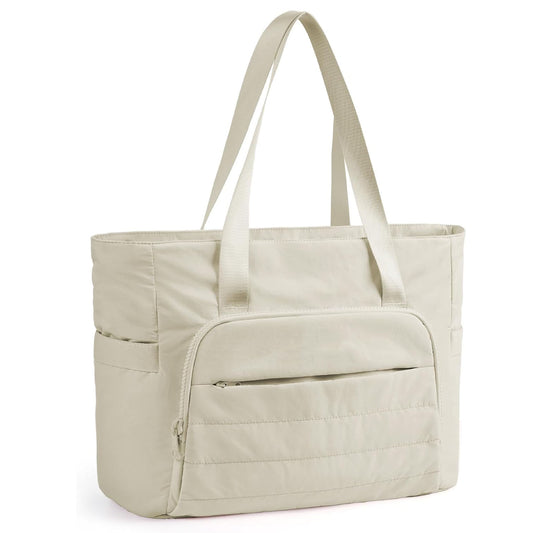 Beige Versatile Women's Gym Tote Bag with Yoga Mat Strap - 18L Carryall, Fits 15.6 Laptop, Multi-Pocket Organizer