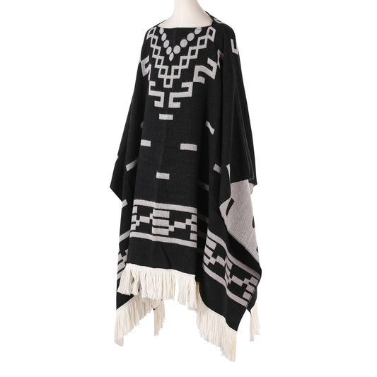 Black Women's Versatile Faux Cashmere Poncho Cape Shawl with Geometric Pattern & Fringe Trim - One Size