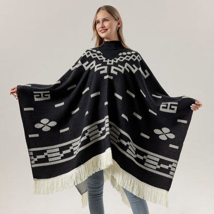 Coffee Women's Versatile Faux Cashmere Poncho Cape Shawl with Geometric Pattern & Fringe Trim - One Size