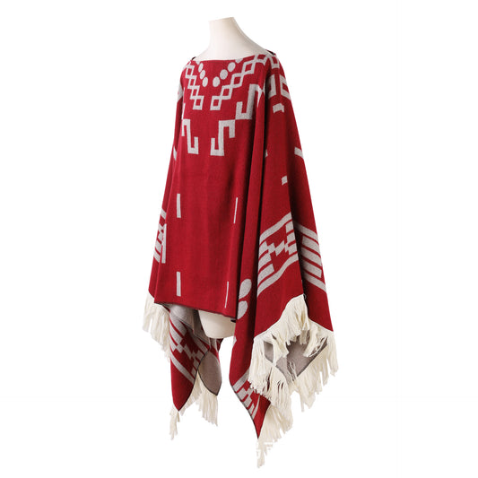 Red Women's Versatile Faux Cashmere Poncho Cape Shawl with Geometric Pattern & Fringe Trim - One Size