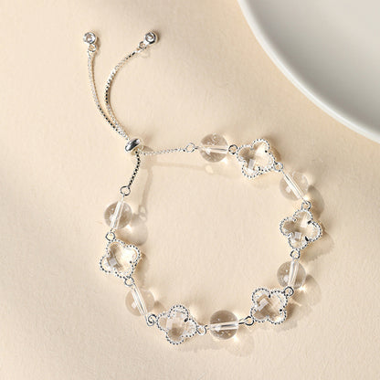 Natural Clear White Crystal Four-Leaf Clover Bracelet - Elegant Adjustable Silver-Tone Bolo Jewelry for Women - Versatile Quartz Bead Charm Bracelet, Perfect Mother's Day Gift
