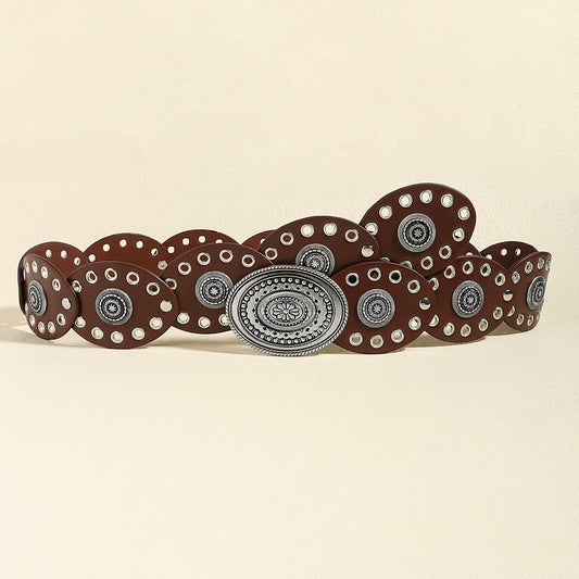 Red Brown Vintage Western Post-Apocalyptic Women's Waist Belt with Eyelet Oval Carvings