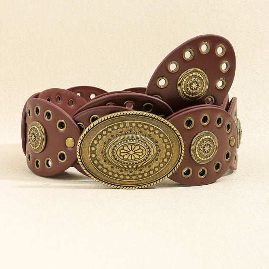 Bronze Reddish Brown Vintage Western Post-Apocalyptic Women's Waist Belt with Eyelet Oval Carvings