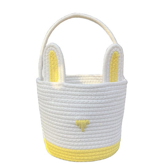 Yellow And White Stitching Charming Easter Egg Tote Basket - Cute Rabbit-Themed Handwoven Cotton Rope Candy Holder