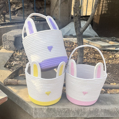 Purple And White Stitching Charming Easter Egg Tote Basket - Cute Rabbit-Themed Handwoven Cotton Rope Candy Holder