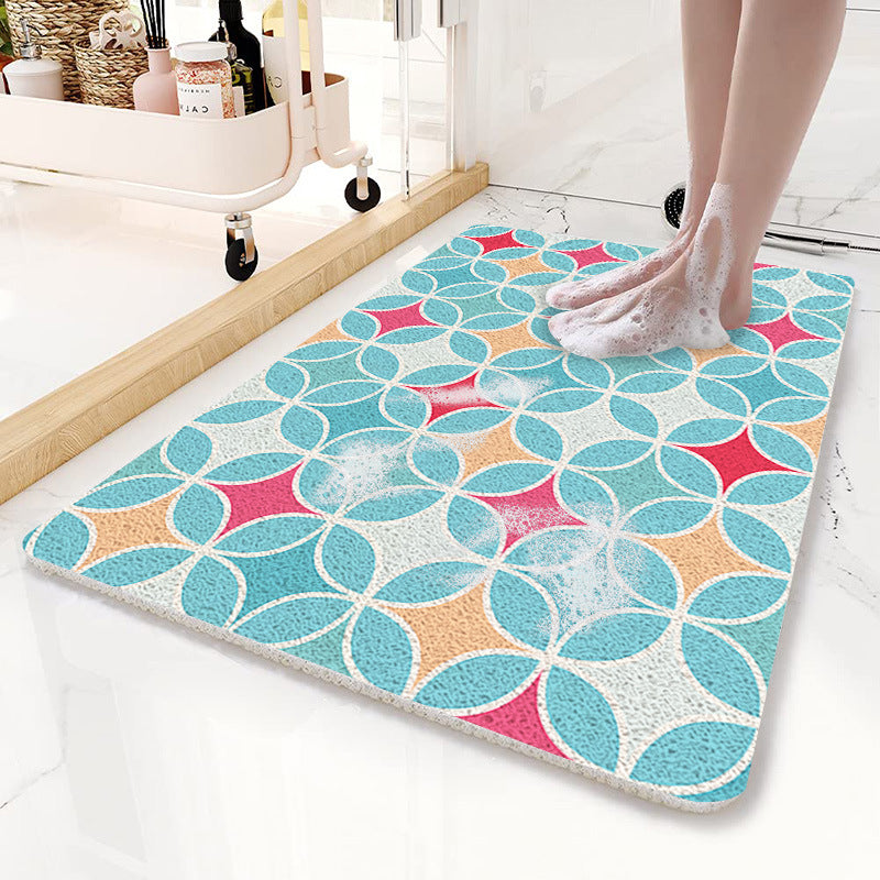 Blue Circular Pattern  PVC Non-Slip Bath Mat 45x75cm - Shower Drain Hole Design, Soft & Quick-Dry Bathroom Rug