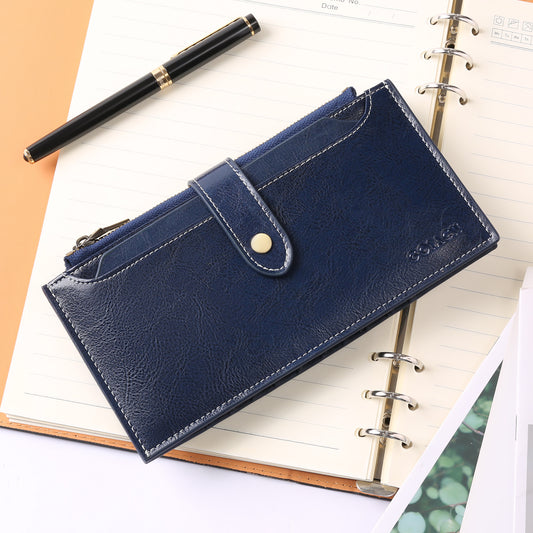 Dark Blue Large Capacity Women's Leather Wallet - RFID Blocking Card Holder