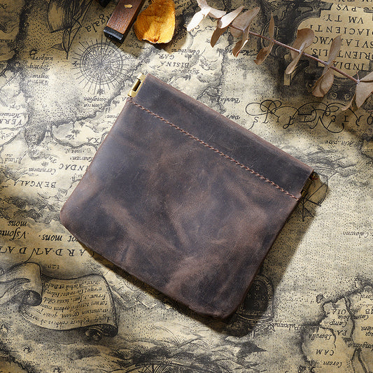 Coffee Genuine Leather Coin Purse - Vintage Style Snap Closure Mini Pouch