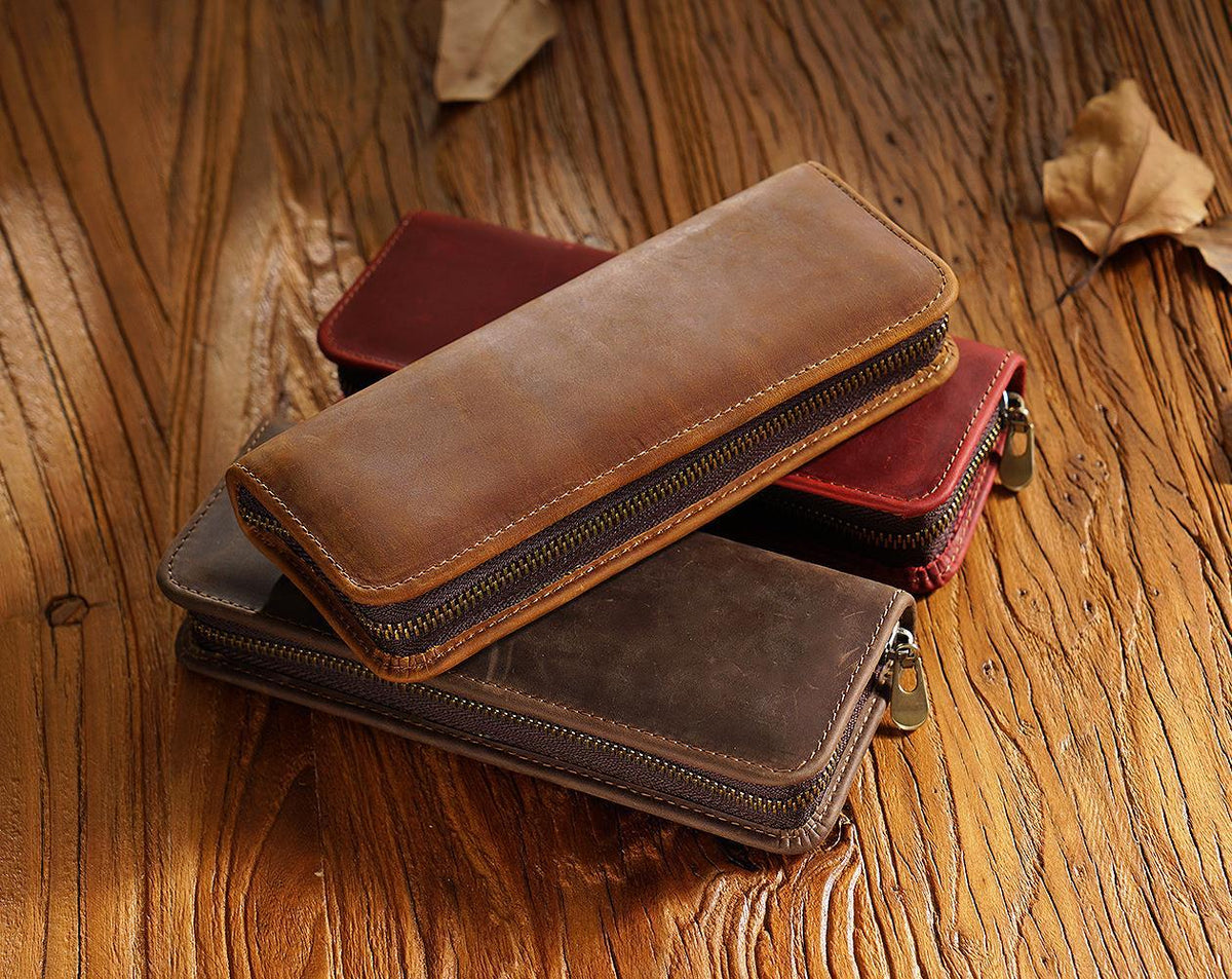 Black Genuine Leather Pencil Case - Vintage Zip-Up Pen Holder with Elastic Loops
