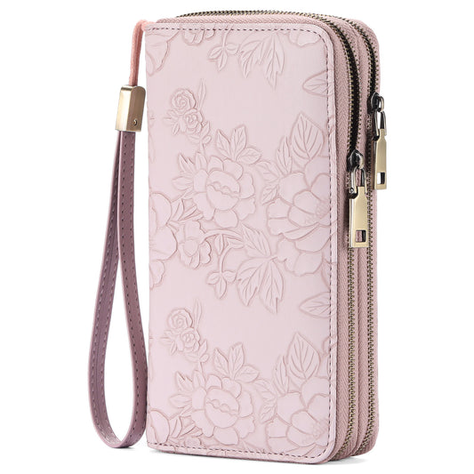 Pink Embossed Design Large Capacity Vegan Leather Wallet with Wristlet