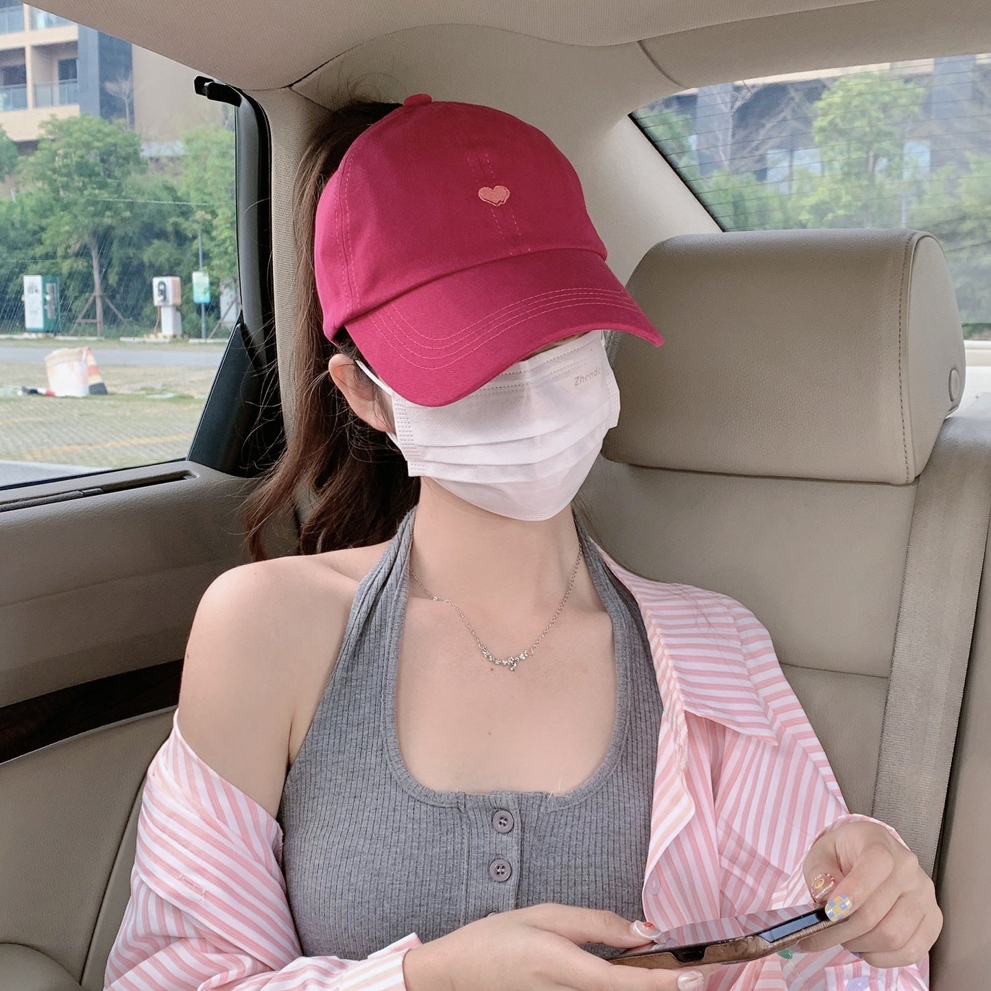 Rose Red Stylish Ponytail Opening Baseball Cap - "Have a Nice Day" Embroidery