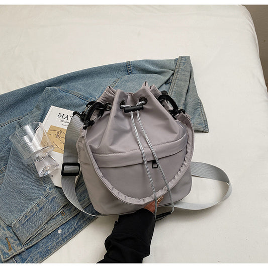 Gray Casual Nylon Drawstring Bucket Bag - Adjustable Strap Crossbody Purse
