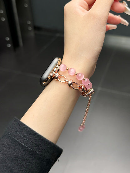 2-pcs Pink Elegant Cat's Eye Beaded Bracelet Band for Apple Watch - Women's Luxury Strap (Compatible Size :38/40/41MM )