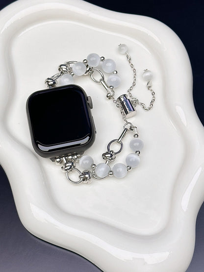 2-pcs Silver Elegant Cat's Eye Beaded Bracelet Band for Apple Watch - Women's Luxury Strap (Compatible Size :38/40/41MM )