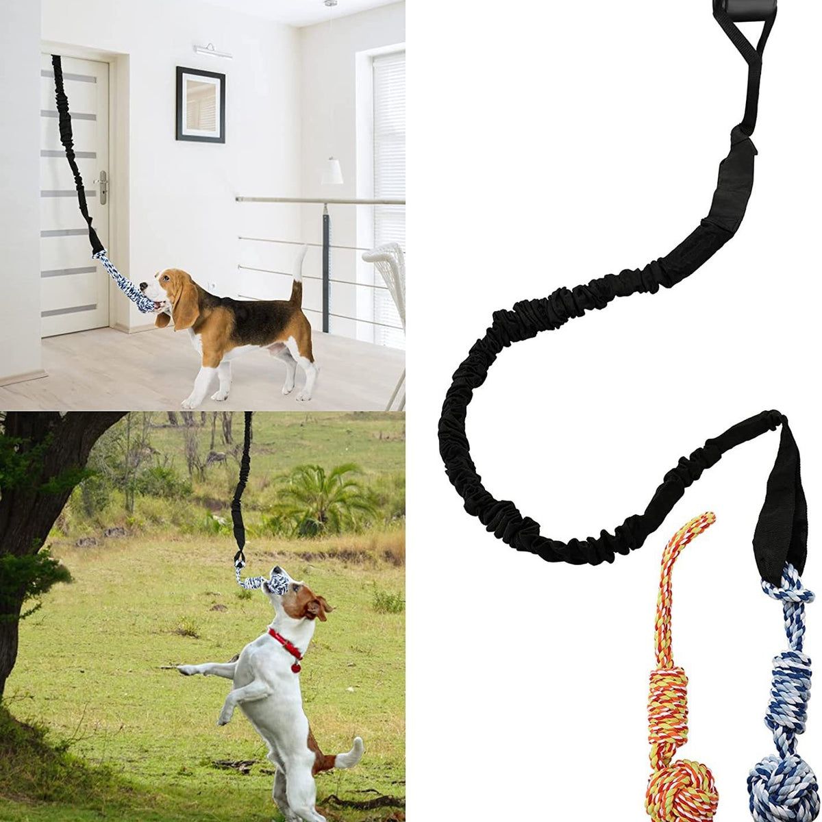 Black And Colored Cotton Balls Interactive Bungee Dog Tug Toy - Hanging Rope Ball for Solo Play & Exercise