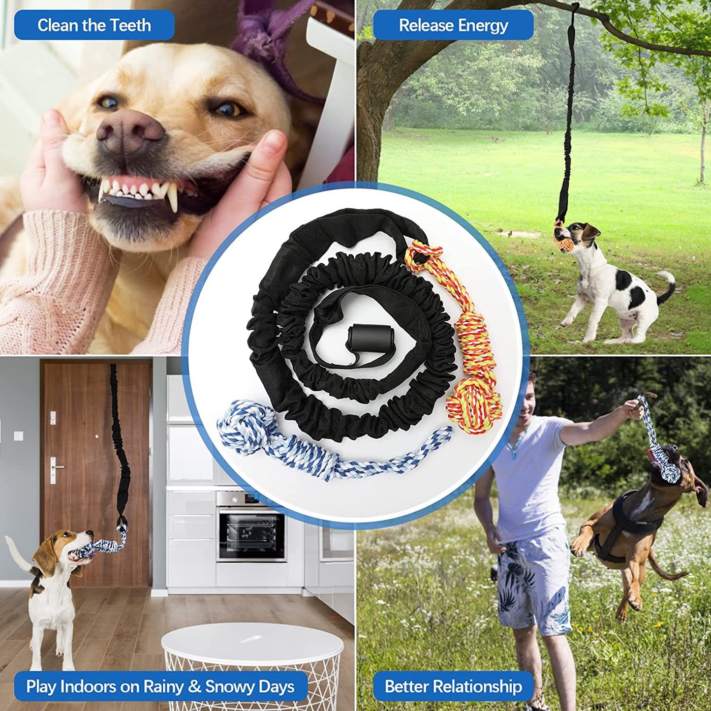 Black And Colored Cotton Balls Interactive Bungee Dog Tug Toy - Hanging Rope Ball for Solo Play & Exercise