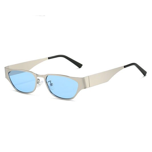 Silver Frame Blue Sheet Retro Cat-Eye Metal Sunglasses for Women - UV Protection Stylish Streetwear Shades