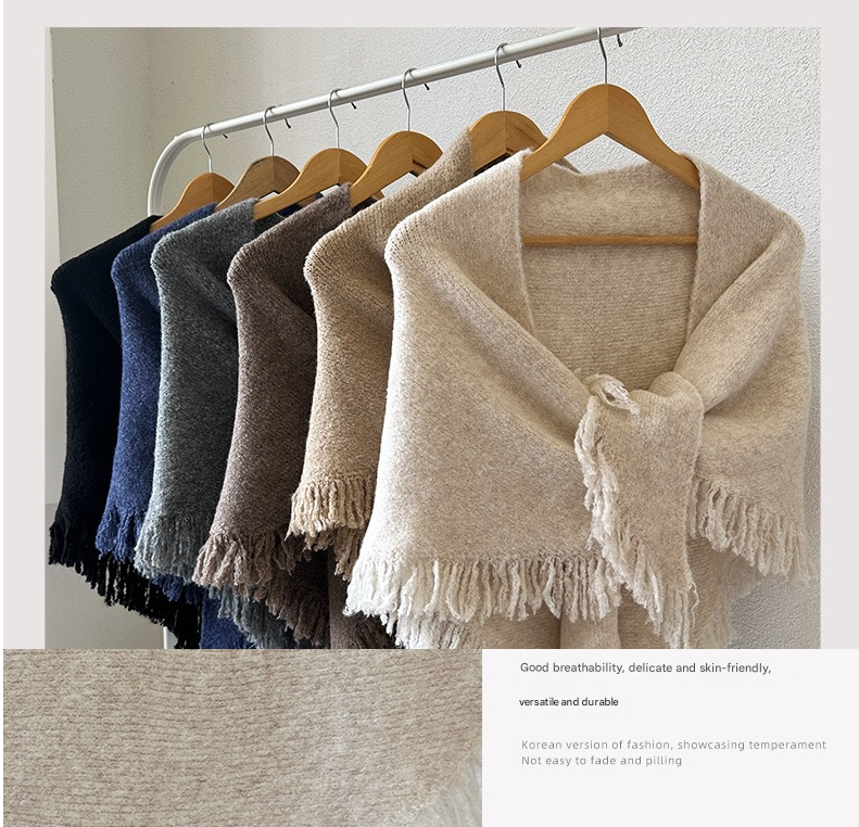 Beige Elegant Knit Scarf Shawl with Tassels - Versatile Warm Wrap (65cm x 175cm)
