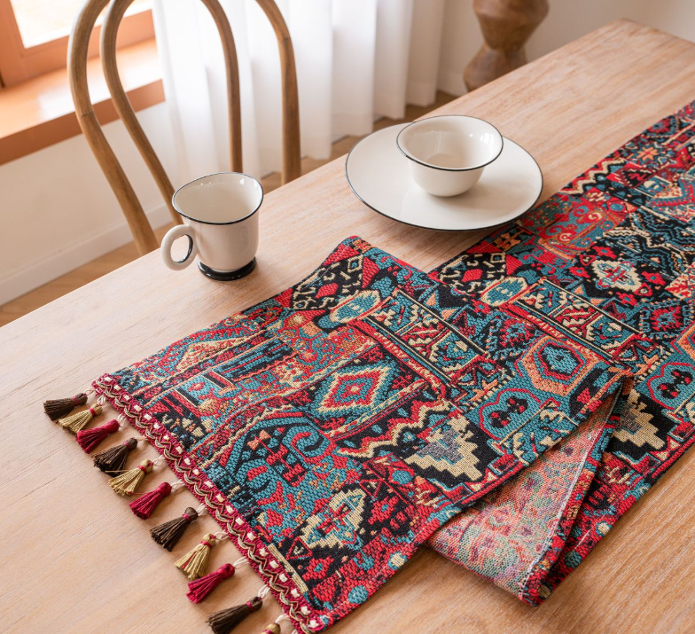 Red Coconut Tree 33-180cm Elegant Geometric Jacquard Table Runner with Tassels - Modern Dining & Coffee Table Decor