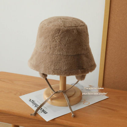 Plush Bucket Hat with Ear Flaps,Warm Furry Winter Hat in Khaki-One size (54-59cm) adjustable