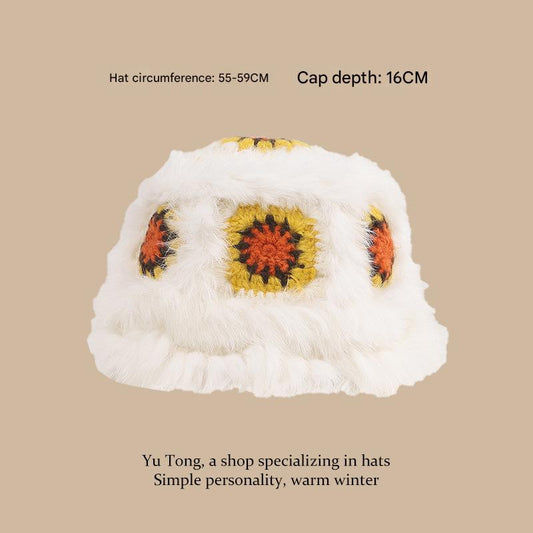 Plush Floral Bucket Hat,Warm Crocheted Winter Hat in White yellow-Hat circumference: 56-60cm