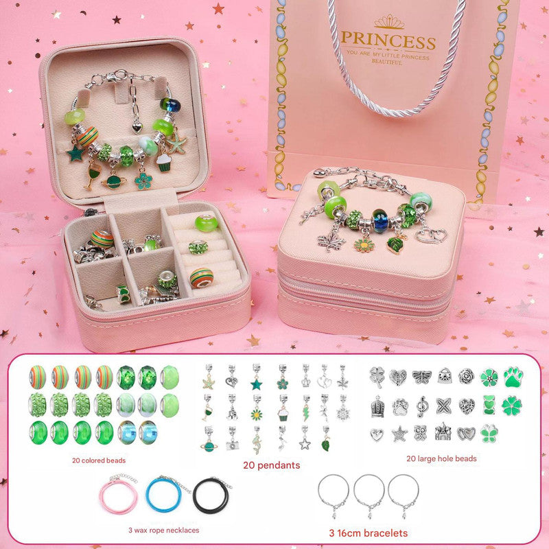Green Kids DIY Beaded Bracelet Set - Creative Jewelry Making Kit with Princess Gift Box and Display Stand