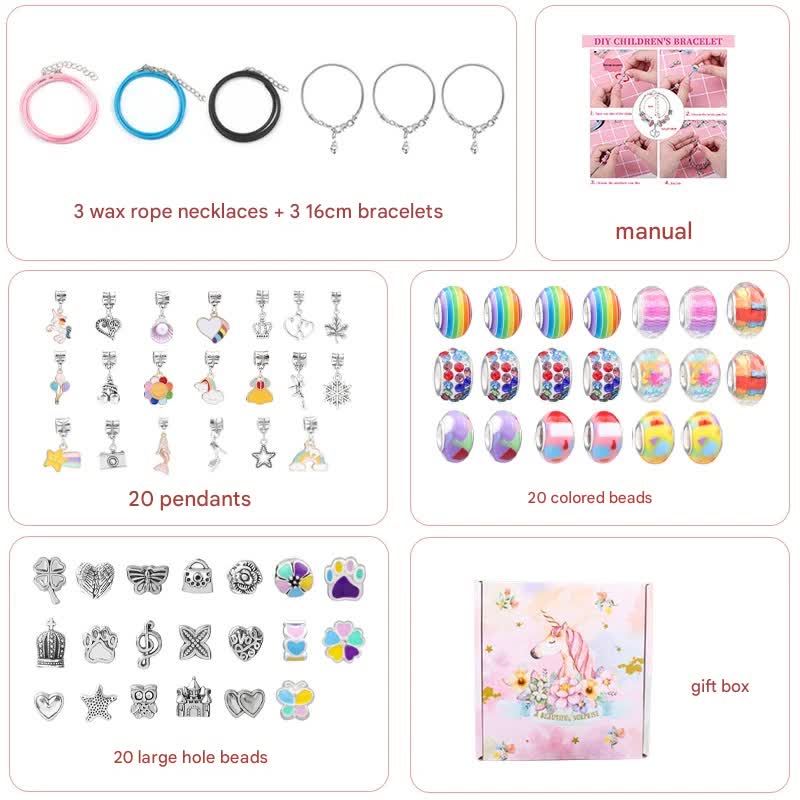 Unicorn DIY Beaded Bracelet Kit for Kids - Colorful Crystal Beads and Charms Jewelry Set with Gift Box
